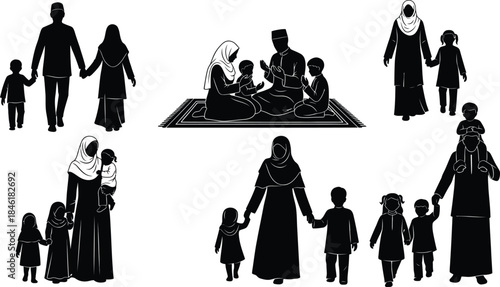 Islamic Family Silhouettes Depicting Connection and Religious Observance Keywords: islamic