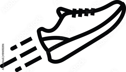 Speedy running shoe icon with motion lines, symbolizing fast movement, athletic performance, and quick delivery services on white background.