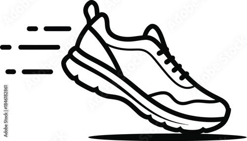 Line art illustration of a running shoe in motion, depicting speed and athletic activity with motion lines on a white background.