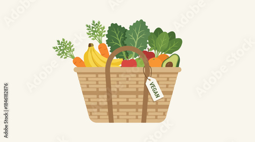 Wicker Shopping Basket Filled With Fresh Vegan Produce And Tag vegan food wicker basket