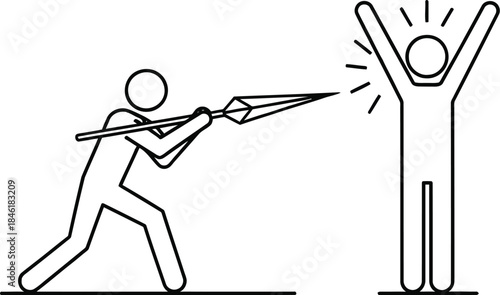Conceptual illustration of a stick figure aiming a spear at another stick figure with arms raised in triumph or surrender, symbolizing competition and conflict.