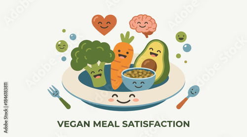 Happy Vegan Meal with Smiling Vegetables and Brain Keywords: vegan, meal, satisfaction, happy, smiling, vegetables