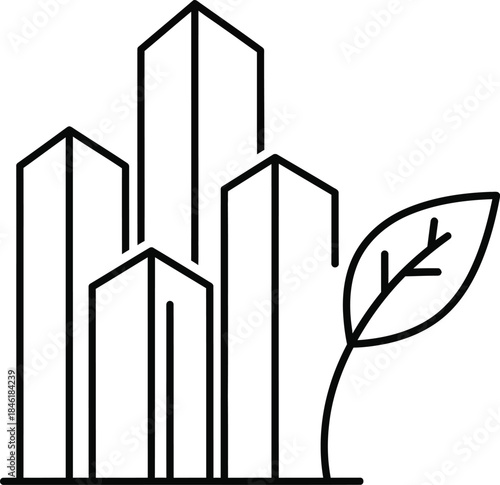 Clean line art illustration of modern buildings with a growing leaf, symbolizing eco-friendly architecture, urban sustainability and green living.