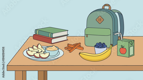 School Backpack Books and Healthy Snacks on a Wooden Table education learning