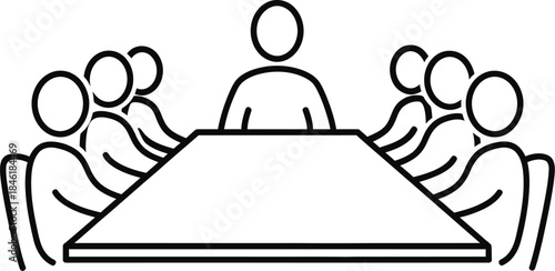 Business meeting icon: group of people sitting around a table discussing ideas, teamwork, strategy, and collaboration in a corporate setting.