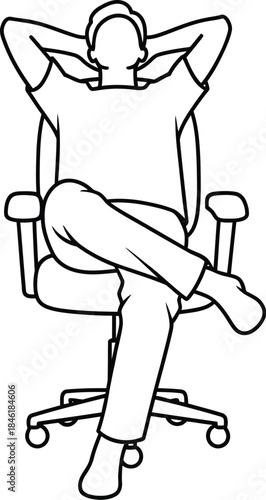 Foto Person resting in office chair with hands behind head and legs crossed, simple line art illustration of relaxation and comfort in workplace