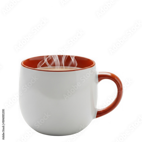 A cozy white mug with an orange interior and handle filled with a steaming hot drink isolated on transparent background