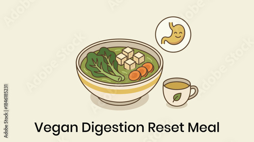 Vegan Digestion Reset Meal with Soup and Tea and Happy Stomach Icon vector illustration