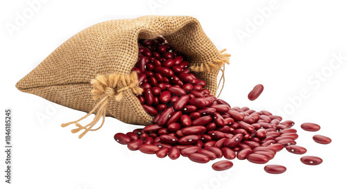 Red kidney beans spilling from a burlap sack on a transparent background