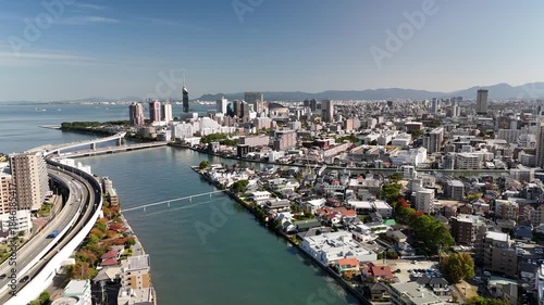 Muromi River, Fukuoka City, Japan – Stunning 4K Aerial Drone Footage of River, Bridges, City Skyline, Residential Districts, Coastal Bay, Modern Urban Landscape, Houses and Estates