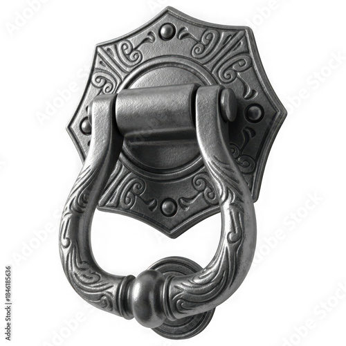 Vintage dark silver ornate ring pull handle and decorative backplate isolated on a transparent background