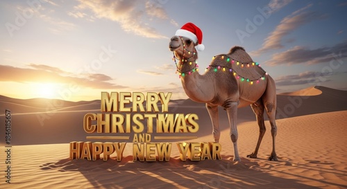 Christmas Camel in Desert - A camel wears a Santa hat and Christmas lights in the desert. Merry Christmas and Happy New Year text overlay
