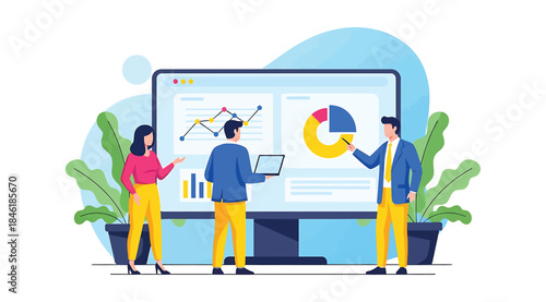 Illustration of three professionals analyzing data on a large screen with charts and graphs—ideal for business intelligence, analytics, teamwork, and decision-making visuals in modern office settings.
