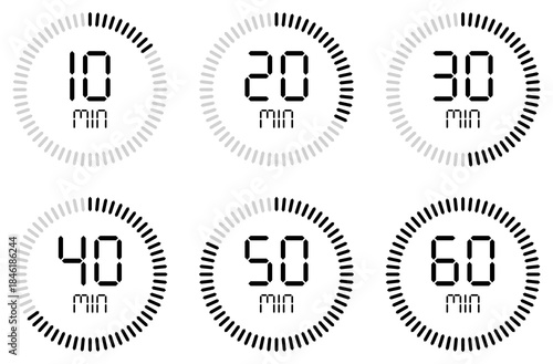 Digital countdown timer icons from 10 to 60 minutes, Circular black and grey progress bar. Ideal for apps, UI design, time tracking, schedules, reminders, fitness timers, and modern digital interface.