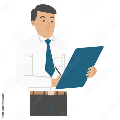 Businessman / employee taking notes on clipboard