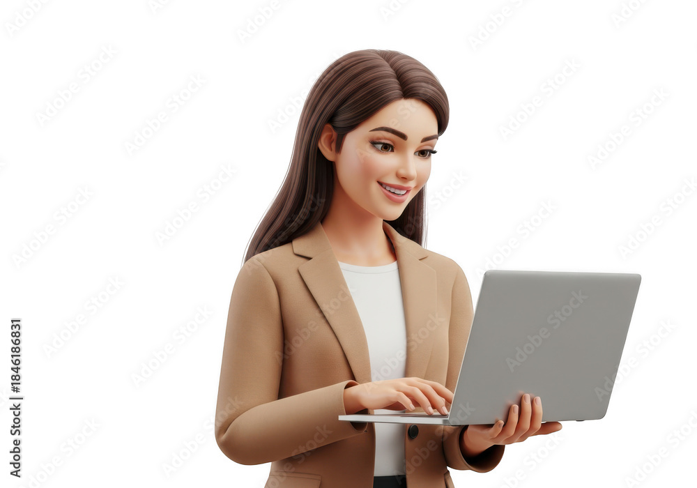 Naklejka premium 3d rendered businesswoman character with laptop isolated on transparent background
