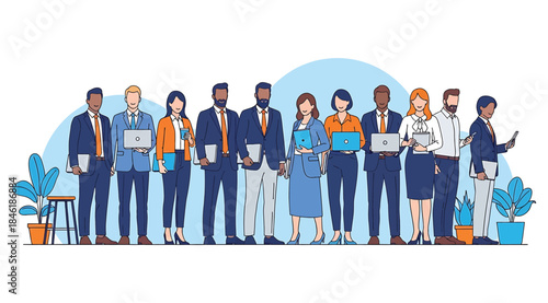 Illustration of twelve diverse business professionals standing with laptops, tablets, and documents—ideal for workplace diversity, corporate culture, HR visuals, and professional team concepts.