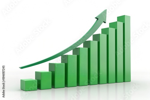 3D Green Bar Graph with Upward Arrow Indicating Growth