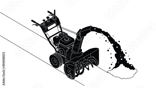 Line art illustration of a snow blower clearing a path through snow