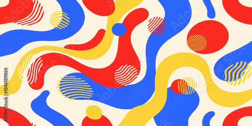 Abstract colorful background seamless pattern with vibrant fish and colored circles, featuring repeating vector footprints and a baby barefoot silhouette design