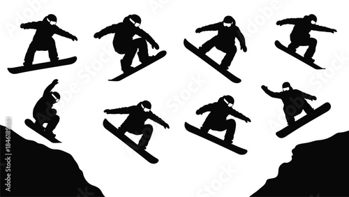 Snowboarders in dynamic poses a black silhouette illustration of winter action