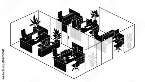 Isometric illustration of a modern office space with workstations and plants