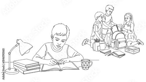 High-Quality Black Continuous Line Art of Child Doing Homework at Home and Siblings Packing School Bags
