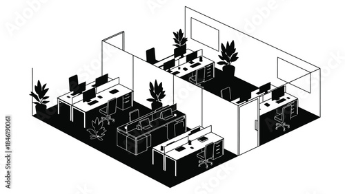 Isometric illustration of a modern office workspace with desks and plants