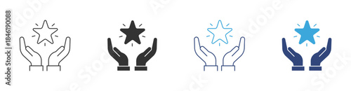 Service Quality Icon, Hands Holding Star, Trust, Value and Customer Satisfaction Concept, Vector Illustration