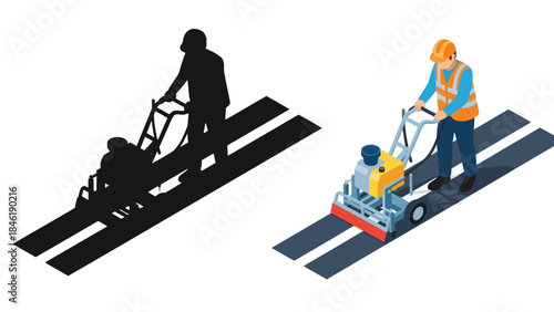 Construction workers operating road paving machinery in an isometric view