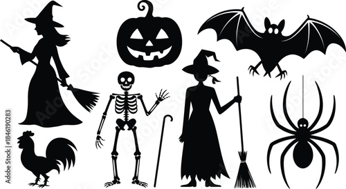 Spooky Halloween icons including witches, skeleton, jack-o-lantern, bats, spider