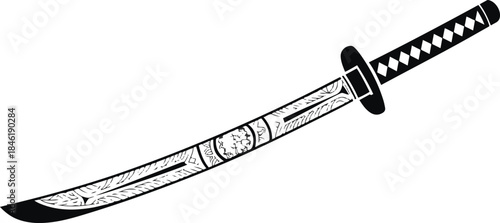 Japanese katana sword with intricate patterned blade and handle design element vector illustration