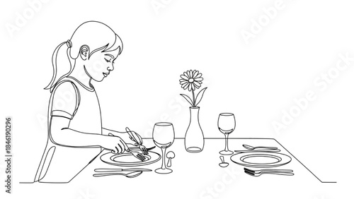 High-quality black continuous line art of a girl helping set the table, children household chores, family mealtime, minimalistic illustration