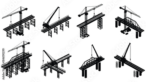 Construction site with multiple cranes and bridge segments in a blueprint style