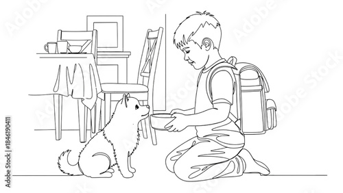 High-quality black continuous line art of a boy feeding a pet after school, children caring for animals, minimalistic illustration