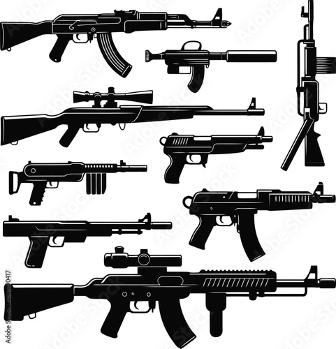 Collection of various firearms in black silhouette style