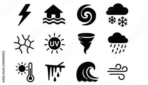 Collection of weather icons representing natural disasters and climatic conditions