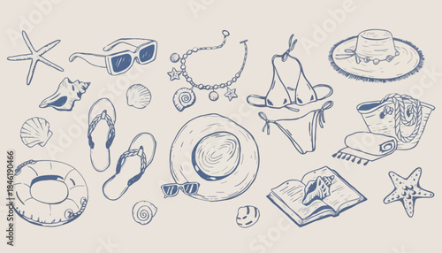 Hand-drawn collection of summer beach vacation essentials and accessories, perfect for sun-soaked holidays and tropical getaways