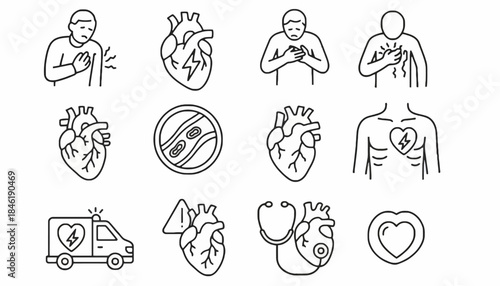 Heart Health and Medical Cardiology Line Art Icons Collection Depicting Symptoms, Diseases, Diagnosis, and Emergency Care