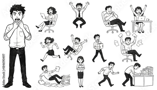 Illustrations of stressed office workers overwhelmed by work pressure, depicting burnout, panic, and exhaustion in a demanding professional environment
