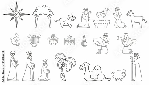 Engraved mystical objects set for magic rituals, witchcraft, and fantasy stories, featuring a raven, cauldron, potion, and ancient spellbook design