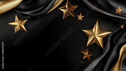 Golden Five-pointed Stars and Decorative Lines on Black Satin Background, Luxury and Three-dimensional Style