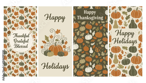 Happy Holidays Thanksgiving Greeting Cards with Pumpkins and Leaves