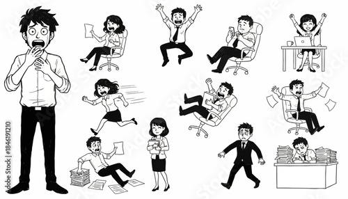 Monochrome illustrations depicting business people overwhelmed by work, showcasing common office stress, tight deadlines, and burnout in a demanding corporate environment