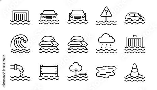 Collection of flood-related icons showcasing water damage, natural disasters, and safety measures