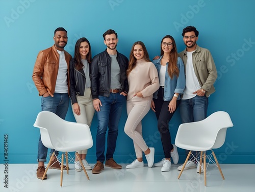 Diverse group of young adults standing together in casual office setting