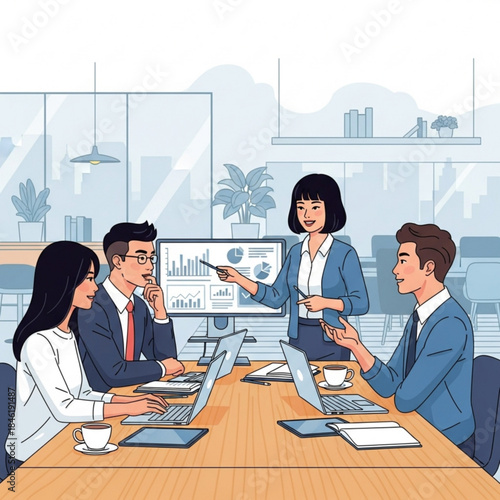 Strategic Insights: A collaborative business team delves into data-driven strategies, analyzing market trends, refining plans, and charting the course for future success