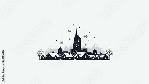Winter cityscape illustration with snow covered houses and mountains minimalist vector art for seaso