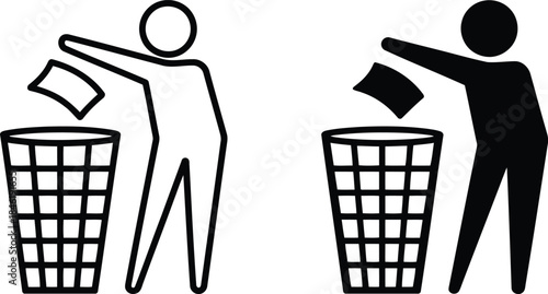 Stick figures throwing paper into trash cans