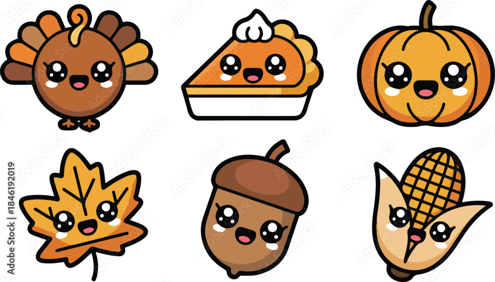 Fototapeta premium Kawaii autumn holiday symbols set including cute crying turkey pie pumpkin leaf acorn corn adorable characters